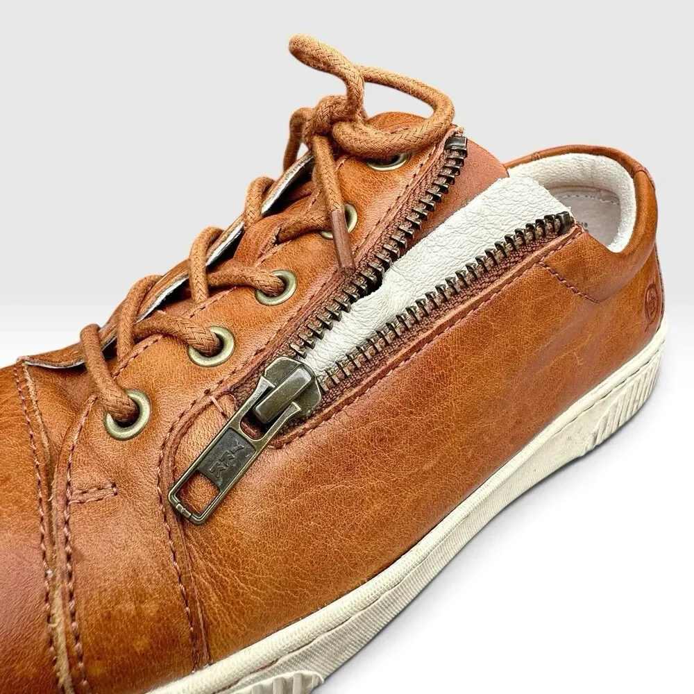BORN Womens 7M Brown Cognac Leather Sneakers Lace Up Side Zip Comfort Shoes